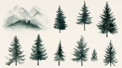 Obraz premium Watercolor pine trees and mountain scenes collection
