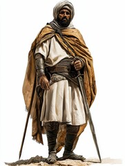 Obraz premium Desert warrior, sword, robe, headwear, staff.