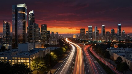 Fototapeta premium Cityscape at sunset with highway traffic light trails.