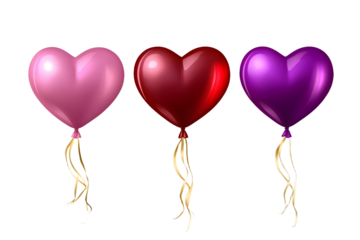 Vector heart shaped balloons set isolated on transparent background. Red, pink and purple glossy balloon with gold ribbon. Festive decoration element for Valentine's Day or Wedding. 