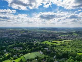 High Angle View of Historical Bath City of England United Kingdom During Partly Cloudy Day of May 27th, 2024, Aerial Footage Was Captured with Drone's Camera During Bright Sunny Day