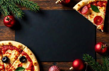 Top down view, flat, In the center is template of large black rectangular color paper on top of paper on wood background. Around black color paper lying pieces of pizza, festive christmas decorations