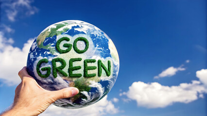 Hand holding planet earth with go green text isolated on blue sky, copy space area, environmental template, background