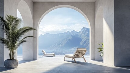 Fototapeta premium Minimalism design of a terrace with a chair in front of an arcade with a view to a mountain