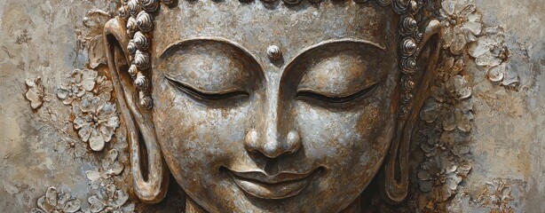 Serene Buddha Face with Floral Embellishments - Peaceful Meditation Art