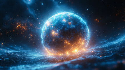 Obraz premium A glowing blue sphere emitting fiery orange light and intricate network lines, floating in a cosmic setting