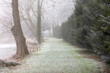 cold foggy morning by frozen lake at Riseholme collage