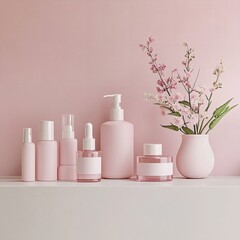 Pastel Pink Skincare Products in Jars and Bottles, Arranged on Soft White Shelf