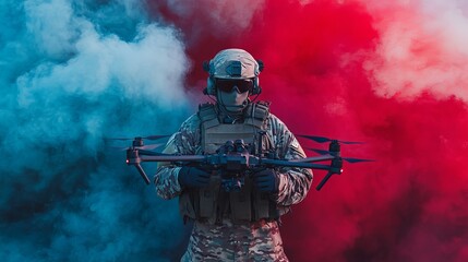 Naklejka premium Soldier in gear holds drone against a red and blue smoky background