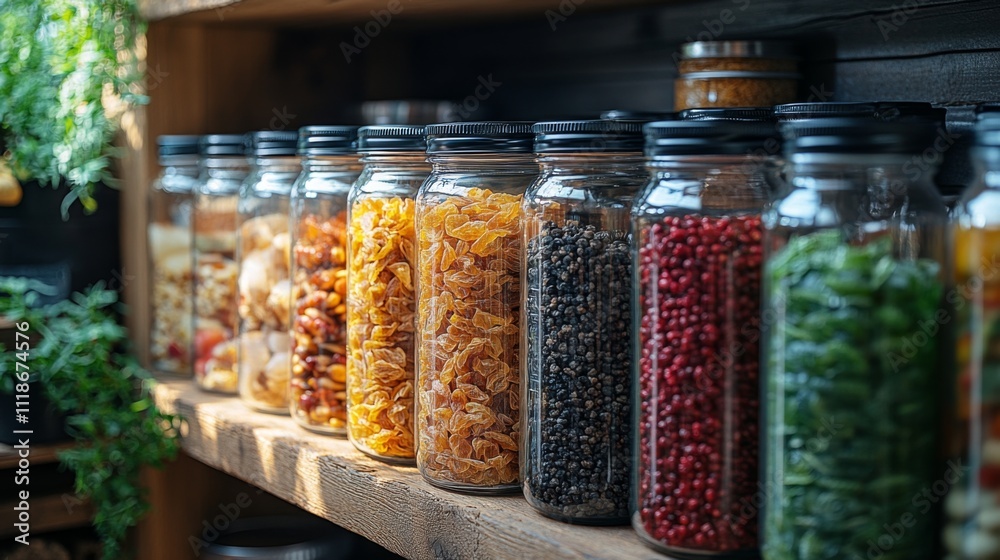 Poster a rustic kitchen shelf displays an array of colorful jars, each containing dried fruits, beans, and 