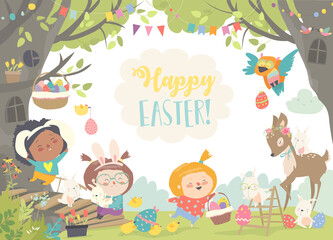 Happy children and animals celebrating Easter. Vector illustration