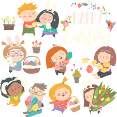 Cute little children with Easter theme. Happy Easter. Vector set