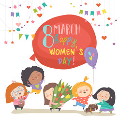 Fototapeta premium Happy Women's Day March 8. Cute girls celebrating Women's Day