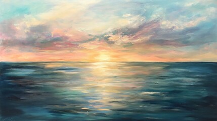 Obraz premium Seascape Painting: Serene Sunset Over Calm Ocean Waters