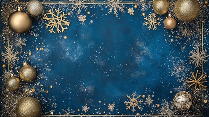 Celebrate Christmas and New Year's with an elegant poster adorned with golden snowflakes and ornaments against a blue backdrop. Shimmering sparkles and a snowflake frame enhance the festive ambiance. 