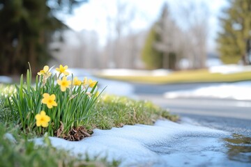 A cluster of yellow daffodils emerging from melting snow.