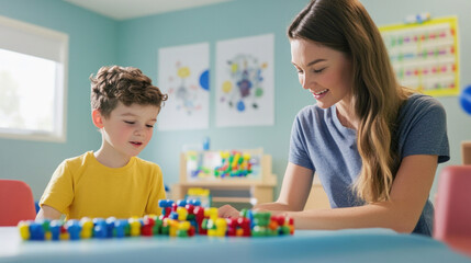 Naklejka premium Teacher and child playing with colorful linking toys at kindergarten table