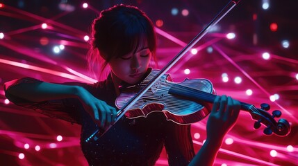 Fototapeta premium a woman is playing the violin against a background of sophisticated technological lights