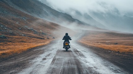 motorcyclist rides on a winding dirt road through a misty mountainous landscape.