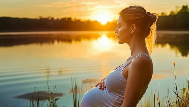 A young pregnant woman in a blue dress stands contemplatively by a serene lake at sunset, reflecting on impending motherhood. The soft evening light highlights her peaceful expression.