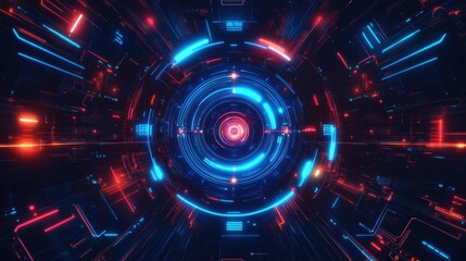 Obraz premium Abstract digital tunnel with vibrant blue and red lights, suggesting technology and motion.