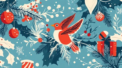 Naklejka premium Festive banner featuring Christmas-themed elements on a magical blue background. Perfect for websites, promotions, and print, it captures the spirit of the winter season with its intricate vector 