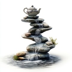 Teapot atop balanced rocks with cascading water.