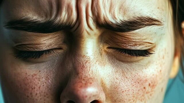 Close-up of a young Caucasian woman frowning, her face expressing emotional stress. Freckles and a neutral background enhance the intense emotional portrayal. Shot captures a raw, authentic display