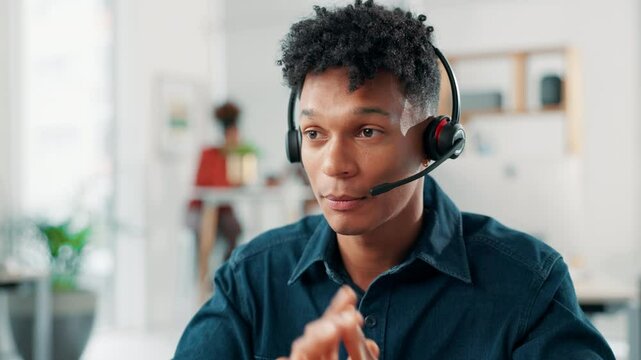 Call center, consultant and talking on microphone with customer service for product advice, inquiry and FAQ. Inbound representative, man and headset for assistance on client account update or support