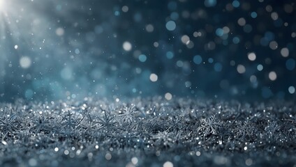 Fototapeta premium A dark, frosty ground covered in tiny ice crystals, with light shining from above. Many small, light-colored spots are falling.