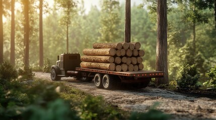 Log truck carrying timber on forest road at sunset.