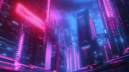 Obraz premium A vibrant, futuristic cityscape illuminated by neon lights and digital structures.