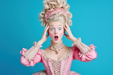Fototapeta premium Photo of shocked charming lady british queen wear pompous pink ruches gown corset sit floor isolated on blue color background 