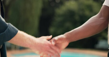 Outdoor, people and friends with handshake for greeting, introduction and trust with friendly gesture. Backyard, closeup and men with shaking hands for hello, welcome and support with thank you