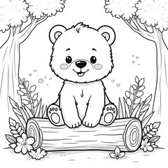 A young bear cub sitting on a log surrounded by trees and plants in a forest