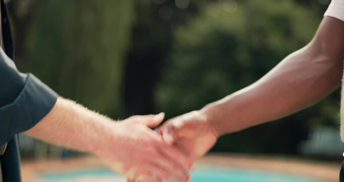 Outdoor, people and friends with handshake for greeting, introduction and trust with friendly gesture. Backyard, closeup and men with shaking hands for hello, welcome and support with thank you