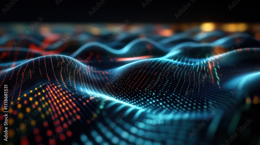 Fototapete Abstract digital waves with vibrant colors and patterns representing data visualization.