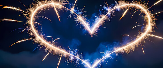 close up of heart shaped sparklers burning against a bold indigo night sky