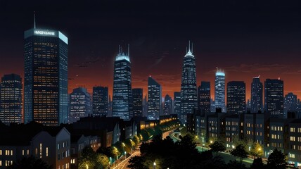 Obraz premium Night cityscape skyline with illuminated buildings and street.