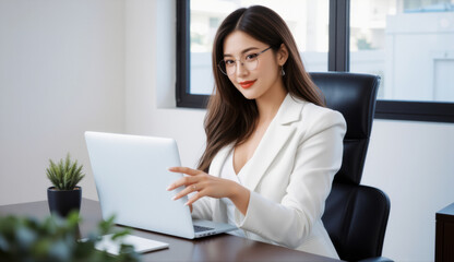 business woman sitting at desk with laptop, wearing glasses, exuding confidence and professionalism in modern office setting
