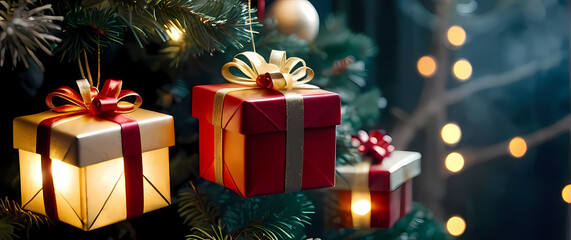 Closeupofminiaturewrappedgiftboxesusedasornamentsonatree