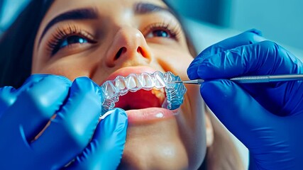 Dentist in blue gloves fits clear dental aligners in a young female patient's mouth, emphasizing modern dental care. The setting is clinical with a focus on advanced oral healthcare and patient