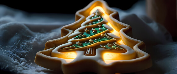 DetailedshotofaChristmascookiecutterintheshapeofatreepressedintodough