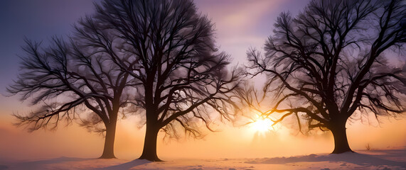 Fototapeta premium Detailedsnowcoveredtreesilhouettesagainstaglowingsunsetsky