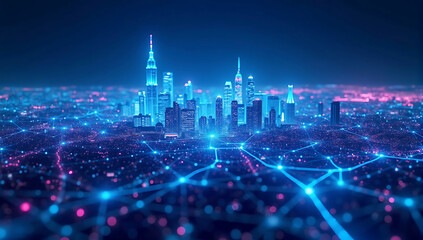 Obraz premium A night cityscape illuminated by blue and purple network lines showing the concept of digital connectivity and smart urban development.