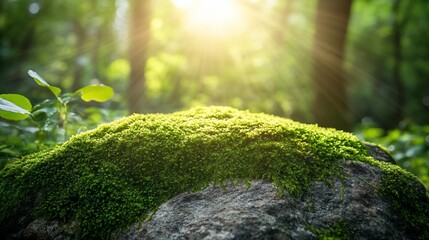 Sunlit mossy rock in a lush green forest.