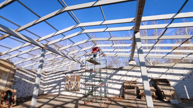 Man in red jacket stands on the scaffolding using instrument. Builder installs the frame for the future roof. Low angle view.