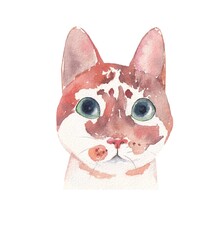 Watercolor illustration of a white cat with spots on its muzzle. Funny picture for postcards