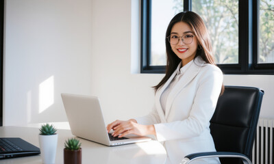 business woman sitting at table with laptop, smiling confidently in bright office. modern workspace features plants and large windows