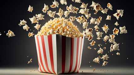 Paper bag with cinema popcorn flying in the air on pastel gradient background.